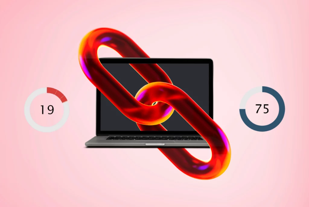 Illustration représentant un ordinateur portable entouré d’un lien symbolisant les backlinks, avec des jauges de score SEO, évoquant l’analyse du trust flow gratuit et la qualité des liens entrants d’un site web.