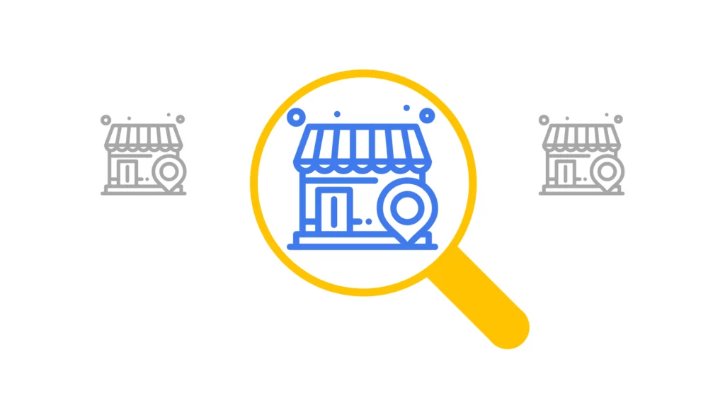 Icône représentant une boutique locale avec une épingle de géolocalisation, vue à travers une loupe jaune, illustrant la recherche et la visibilité locale sur Google My Business.