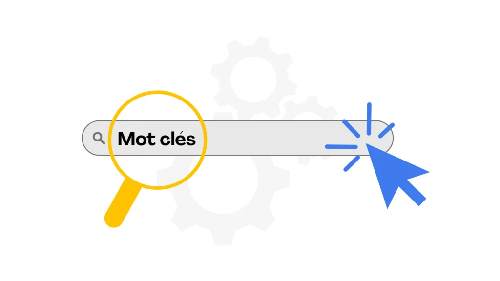 Recherche de mots-clés SEO avec loupe et curseur, optimisation du référencement naturel pour améliorer la visibilité en ligne.