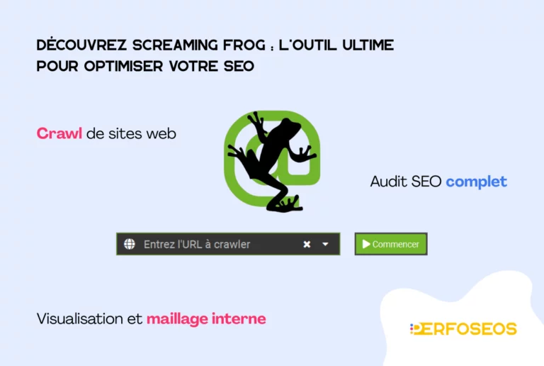 Présentation visuelle de Screaming Frog, un outil SEO permettant le crawl de sites web, un audit SEO complet, et l’analyse du maillage interne.