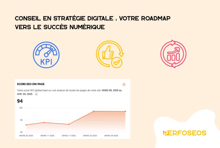 llustration présentant les bénéfices d'une stratégie digitale efficace avec un score SEO en forte progression entre mars et avril 2025. Des icônes symbolisent les KPI, l’optimisation continue et la croissance. Titre principal : "Conseil en stratégie digitale : votre roadmap vers le succès numérique".