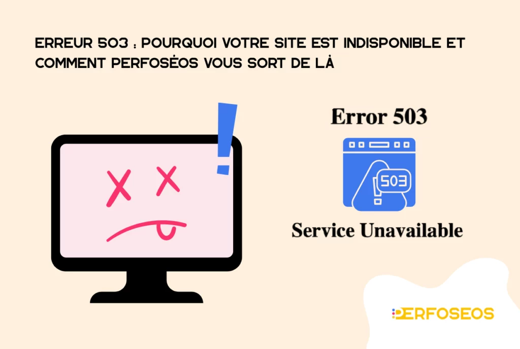 Illustration d'une erreur 503 « Service Unavailable » avec un écran d’ordinateur affichant un visage simulant l'erreur