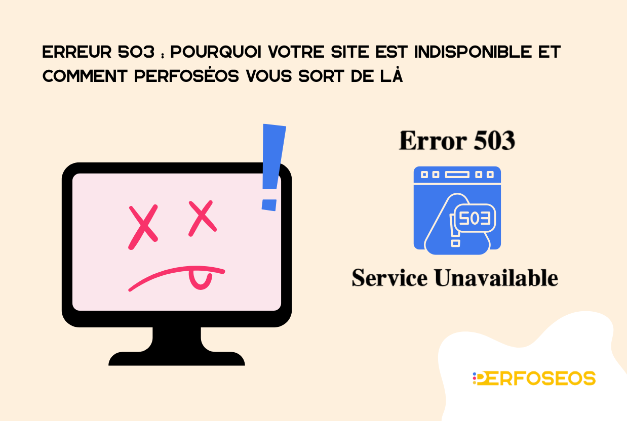 Illustration d'une erreur 503 « Service Unavailable » avec un écran d’ordinateur affichant un visage simulant l'erreur