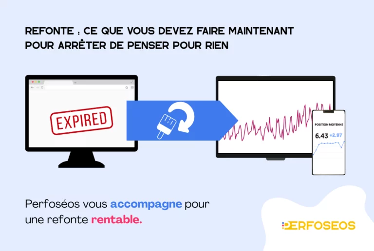 Visuel sur la refonte de site web. À gauche, un écran avec la mention 'Expired'. Une flèche de mise à jour mène à un écran avec des courbes de performance et un smartphone affichant une amélioration de position.