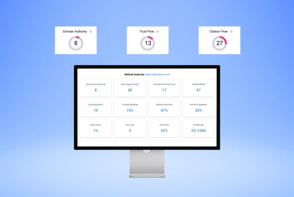 Image illustrant un trust flow gratuit et montrant comment Perfoseos peut aider à analyser et améliorer la performance et la crédibilité d’un site web grâce à des métriques SEO détaillées.