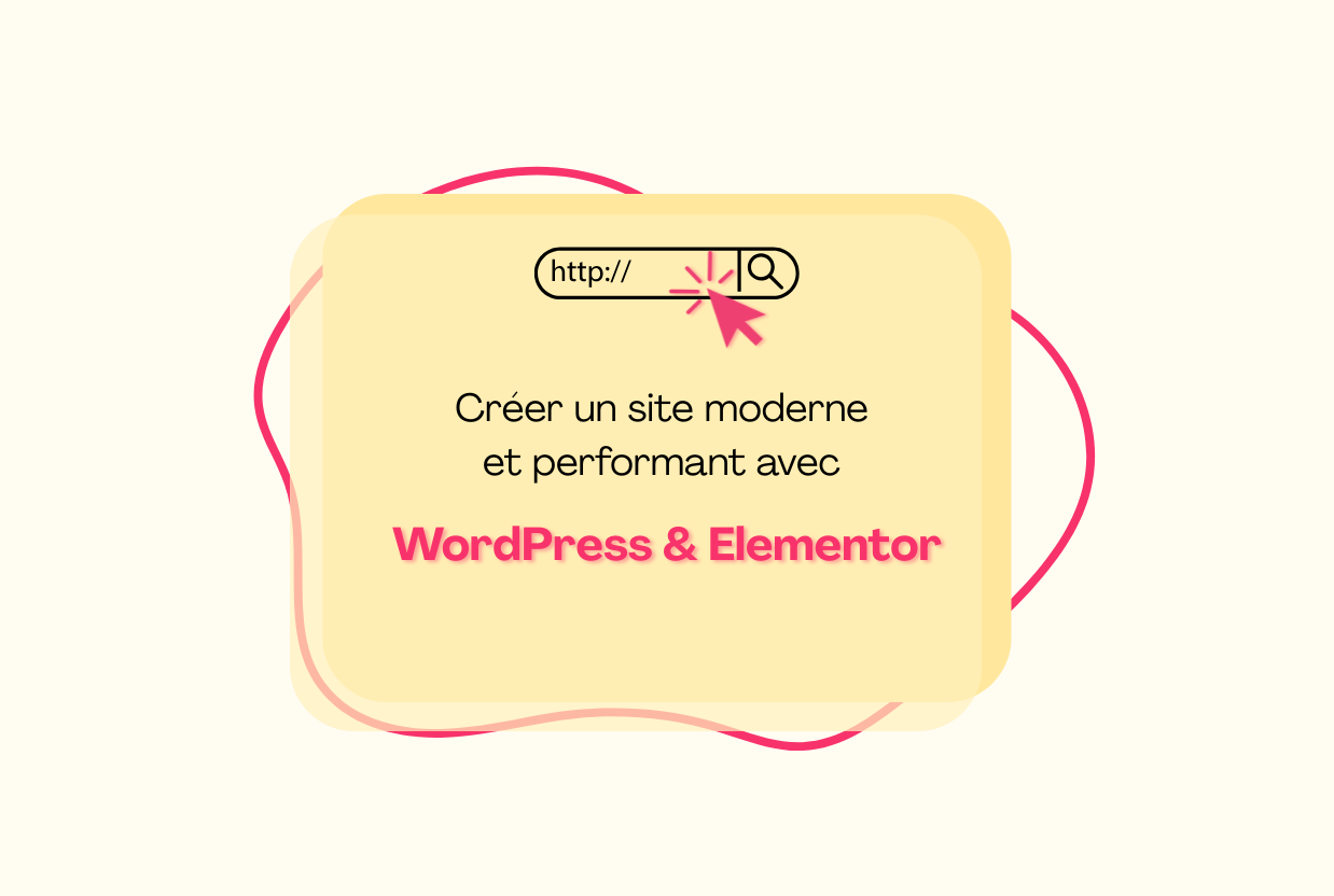 Visuel promotionnel de l’offre Persoféos : « Créer un site moderne et performant avec WordPress & Elementor ». Illustration avec une barre de recherche et une icône de clic, annonçant l’article “Création d’un site moderne avec WordPress Elementor : un projet de A à Z” sur le site de Persoféos.