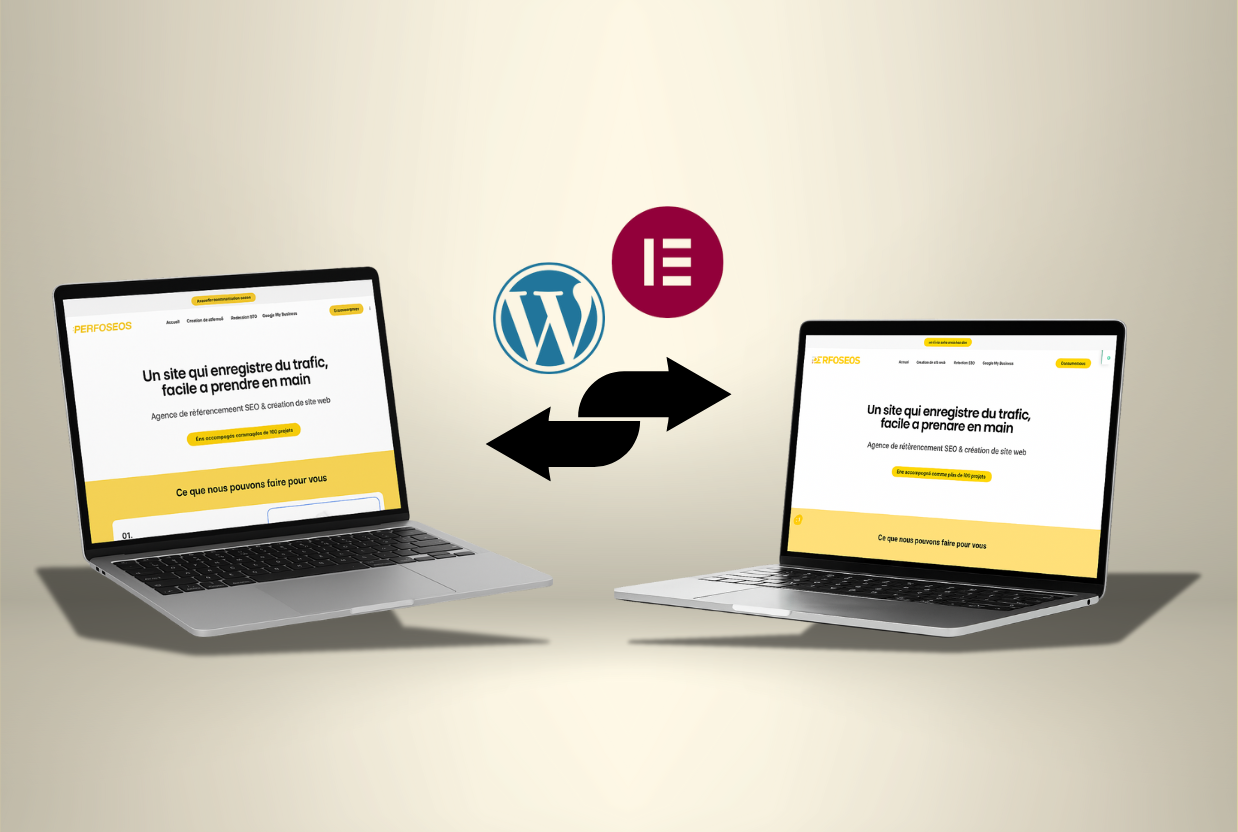 Illustration montrant deux ordinateurs portables affichant le même site web de l’agence PERFOSÉOS, symbolisant l’action de copier site internet avec les logos WordPress et Elementor entre eux.