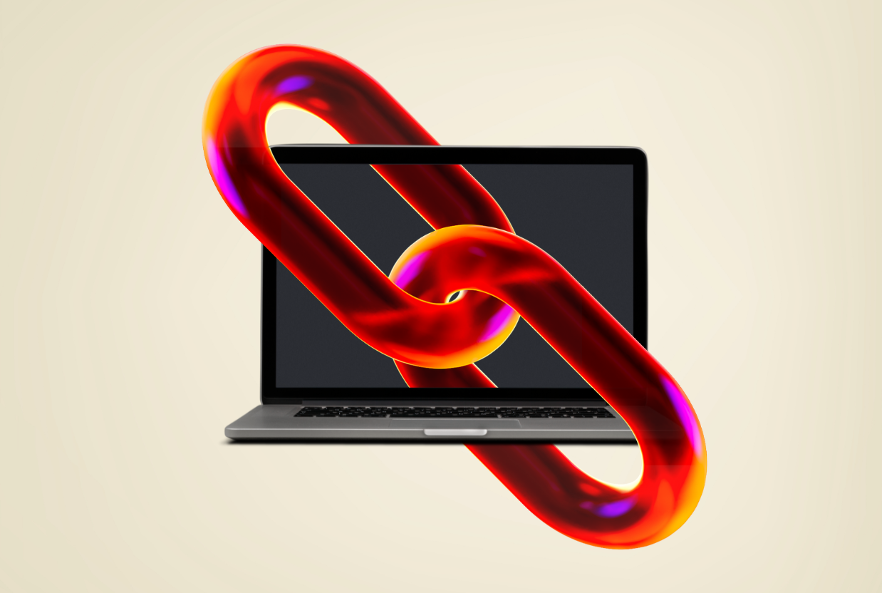 Chaîne rouge tridimensionnelle traversant un ordinateur portable, métaphore visuelle du SEO sans netlinking proposé par Perfoseos.