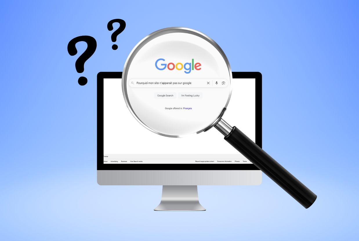 llustration d’un ordinateur affichant une recherche Google avec une loupe sur la question “Pourquoi mon site n’apparaît pas sur Google”, symbolisant un site non visible Google.
