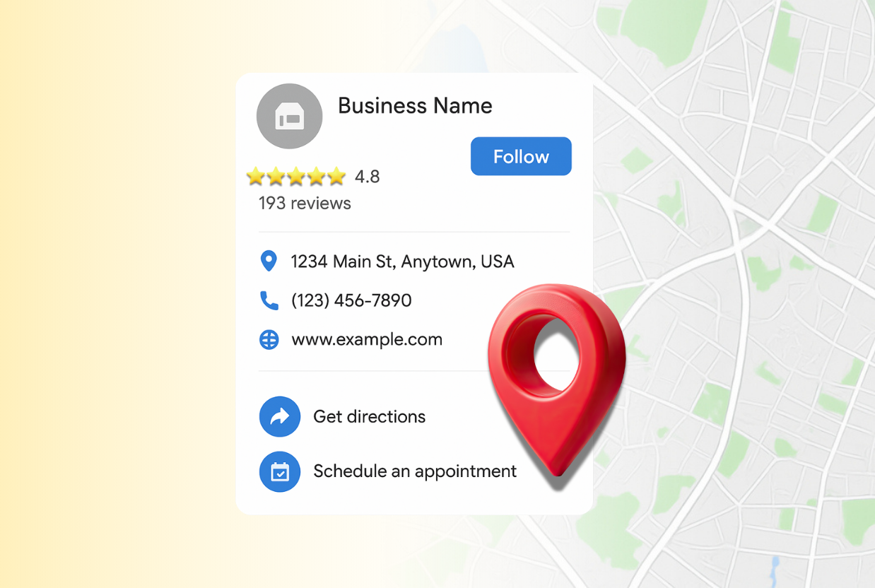 Illustration d’une fiche d’établissement de type Google Business Profile affichée sur une carte, avec un repère rouge de géolocalisation au premier plan. L’image met en avant l’importance de créer fiche google pour améliorer la visibilité locale, en lien avec l’offre de Perfoseos, qui accompagne les entreprises dans l’optimisation et la gestion de leur présence sur Google.