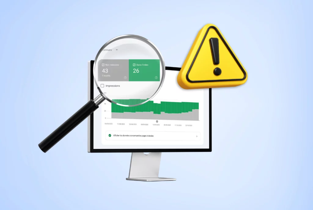 Illustration Perfoseos montrant un rapport Google Search Console avec des pages non indexées et un avertissement, représentant les erreurs indexation site.