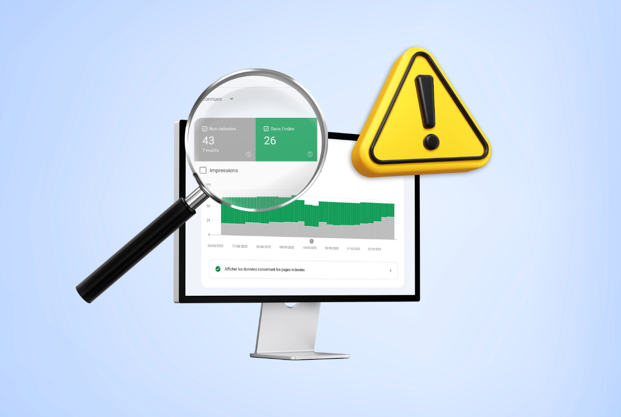 Illustration Perfoseos montrant un rapport Google Search Console avec des pages non indexées et un avertissement, représentant les erreurs indexation site.