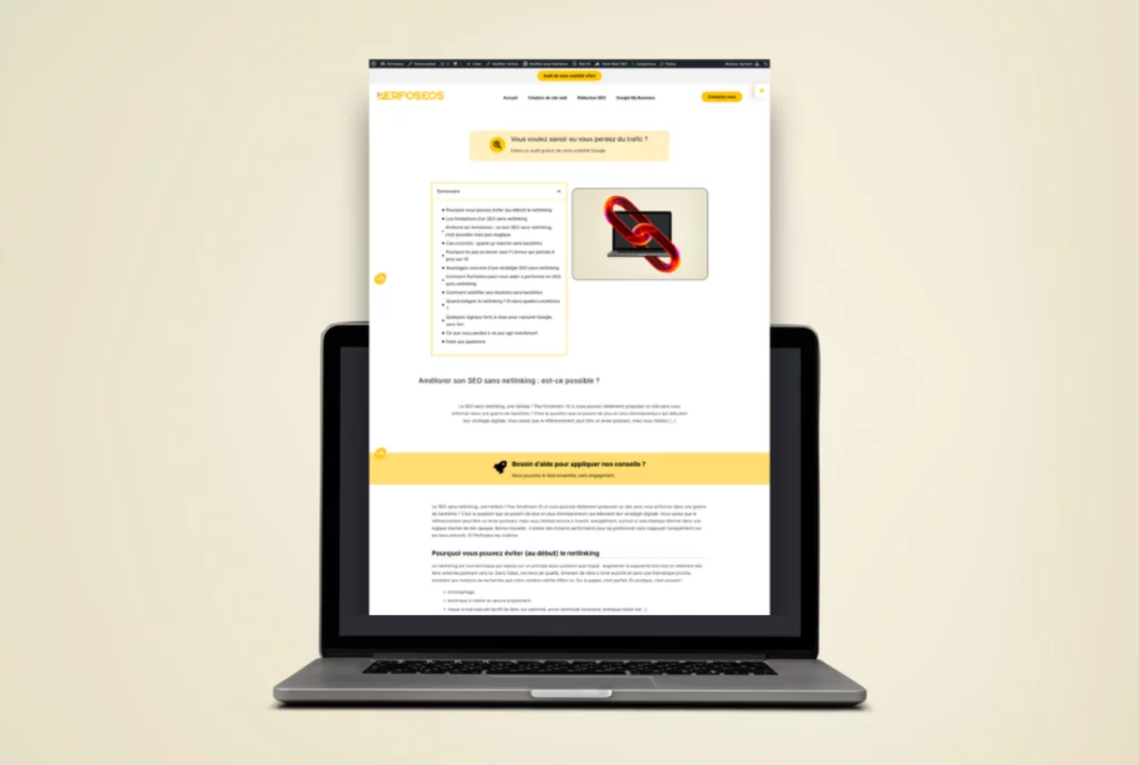 Capture d’écran d’un article du site Perfoséos affiché sur un ordinateur portable, présentant une page de blog sur la longueur article SEO, l’optimisation du contenu et les bonnes pratiques de rédaction web pour améliorer le référencement naturel.