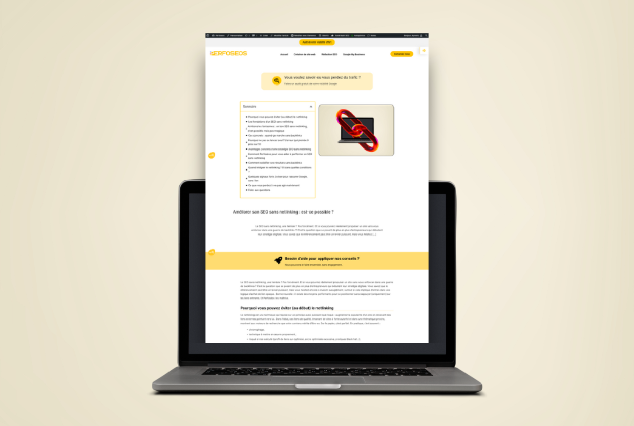 Capture d’écran d’un article du site Perfoséos affiché sur un ordinateur portable, présentant une page de blog sur la longueur article SEO, l’optimisation du contenu et les bonnes pratiques de rédaction web pour améliorer le référencement naturel.