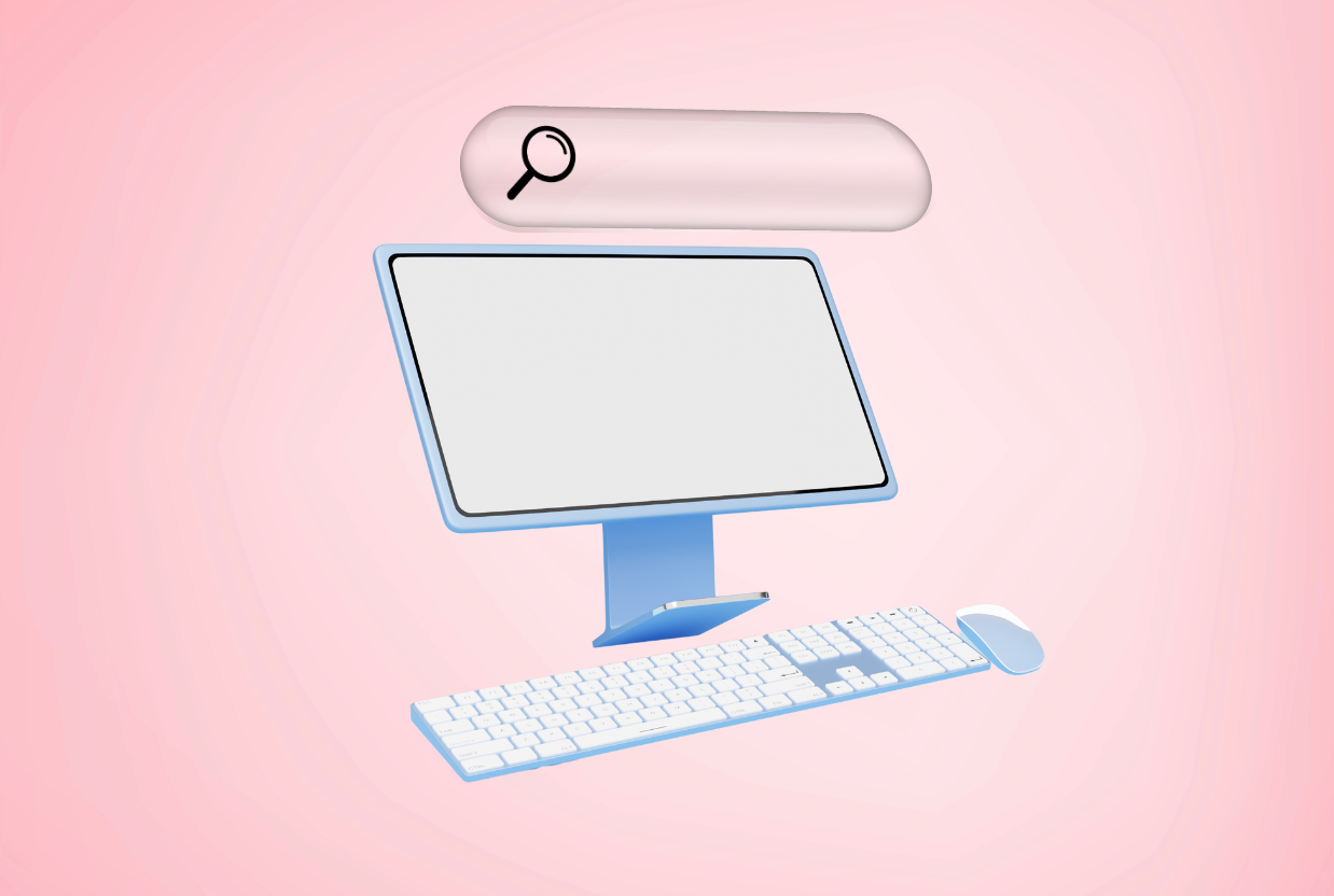 Illustration montrant un ordinateur avec un grand écran vide, un clavier et une souris, sur un fond rose, accompagné d’une barre de recherche stylisée en haut. L’image évoque l’action d’optimiser une page SEO pour améliorer sa visibilité dans les moteurs de recherche, en lien avec l’offre de Perfoseos, qui accompagne les entreprises dans l’optimisation technique et sémantique de leurs pages web.