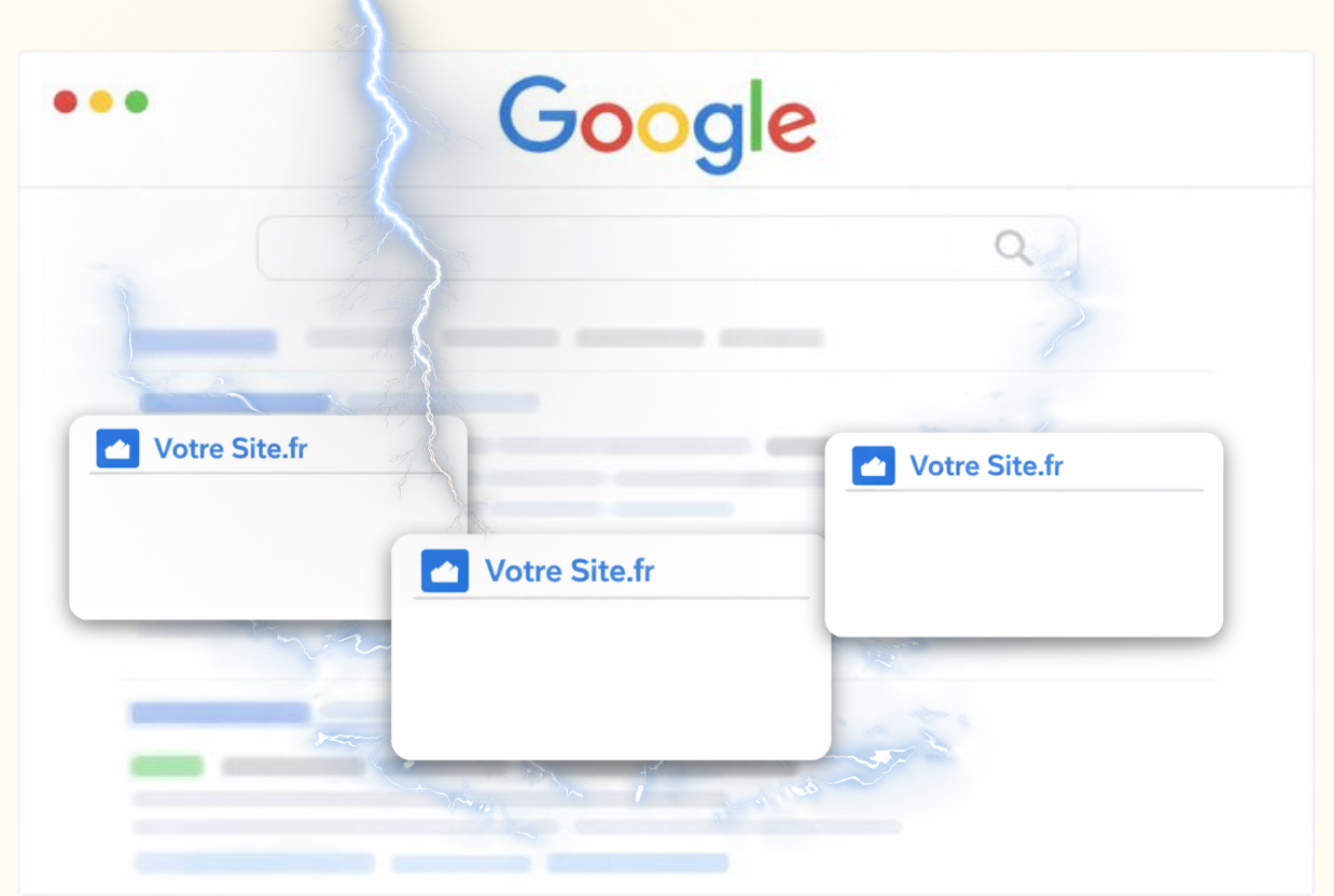 Illustration des résultats Google fragmentés par la foudre symbolisant la concurrence interne entre pages d’un même site, mettant en avant la nécessité d’eviter cannibalisation SEO grâce à l’offre Perfoseos, spécialisée en optimisation de contenus et structuration SEO performante.