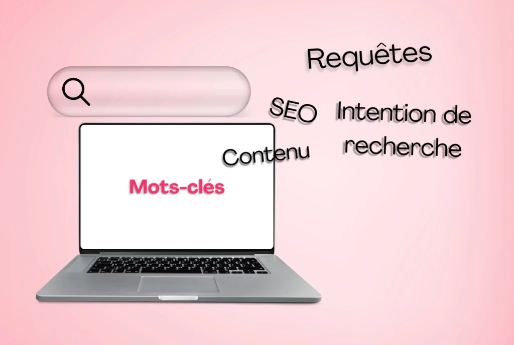 Illustration représentant un ordinateur affichant le terme “mots-clés”, entouré de notions comme SEO, requêtes, contenu et intention de recherche, pour illustrer comment choisir mots clés SEO efficacement.
