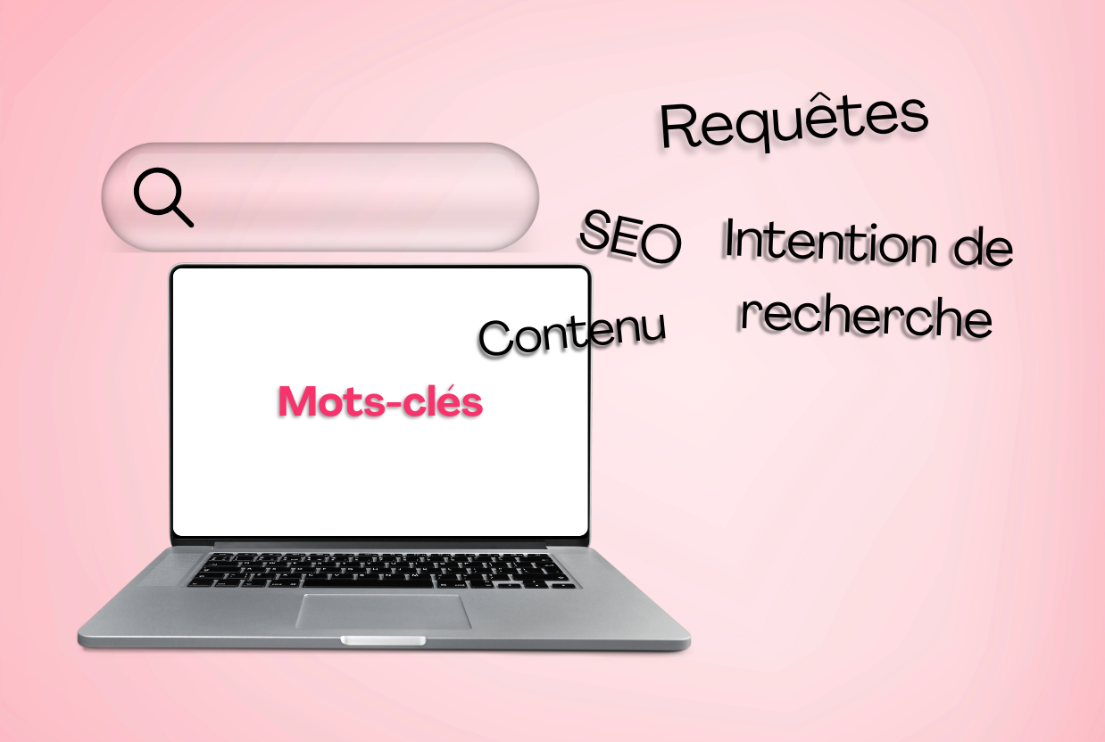 Illustration représentant un ordinateur affichant le terme “mots-clés”, entouré de notions comme SEO, requêtes, contenu et intention de recherche, pour illustrer comment choisir mots clés SEO efficacement.