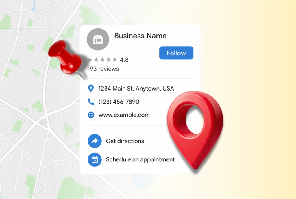 Capture d’écran illustrant une fiche d’établissement sur Google Maps, avec une punaise rouge et un repère de localisation, représentant la manière de gérer fiche Google pour améliorer la visibilité.