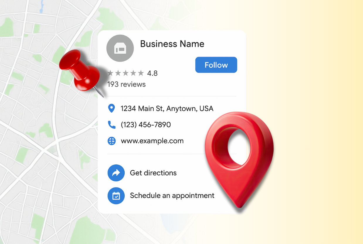 Capture d’écran illustrant une fiche d’établissement sur Google Maps, avec une punaise rouge et un repère de localisation, représentant la manière de gérer fiche Google pour améliorer la visibilité.