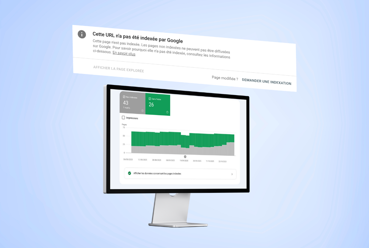 Interface Google Search Console affichant une URL non indexée et un graphique de performances SEO, illustrant l’offre Perfoseos dédiée à l’indexation fiche Google et à l’amélioration de la visibilité sur Google.