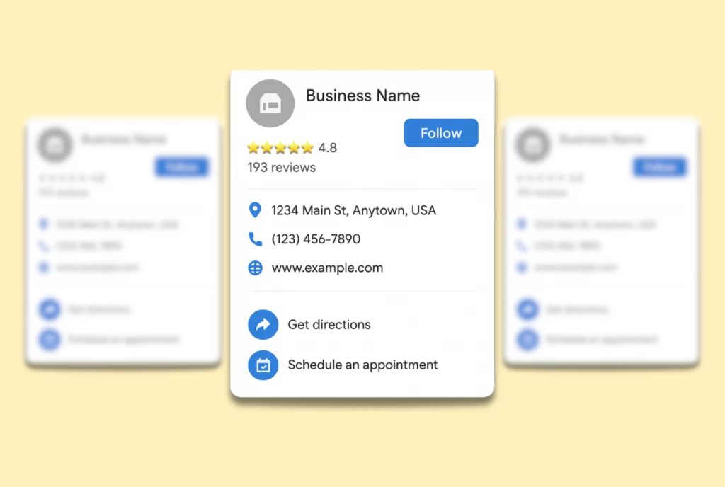 Illustration d’une fiche Google Business Profile avec une note élevée et de nombreux avis clients, montrant comment obtenir avis Google pour améliorer la visibilité locale d’un commerce grâce à la stratégie d’avis clients proposée par Perfoséos.