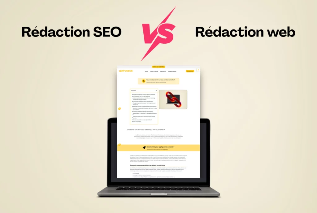 Visuel avec pour titre Rédaction SEO vs Rédaction web, avec un écran d’ordinateur affichant un article du site Perfoséos, illustrant la différence entre optimisation pour les moteurs de recherche et rédaction de contenu général.