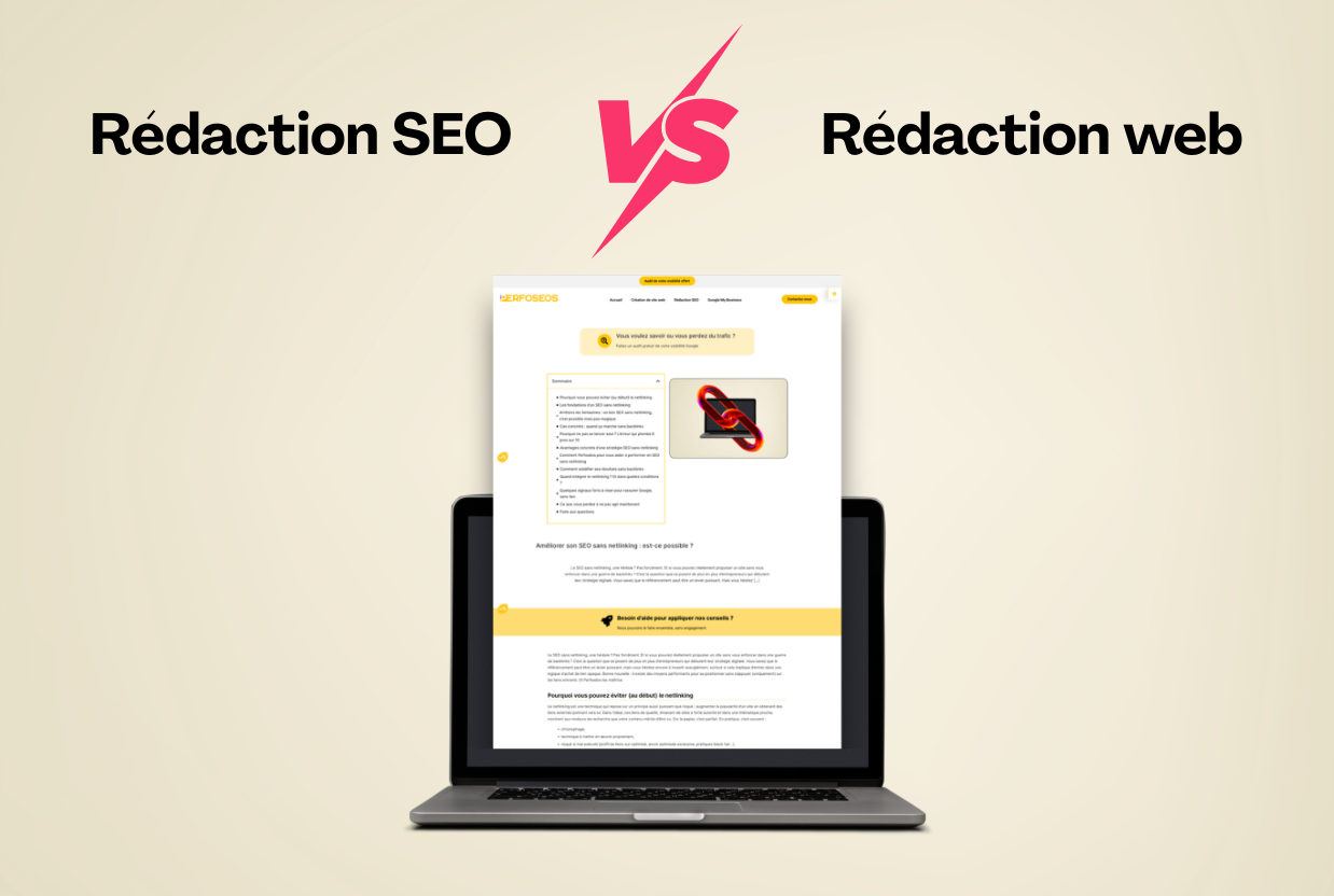 Visuel avec pour titre Rédaction SEO vs Rédaction web, avec un écran d’ordinateur affichant un article du site Perfoséos, illustrant la différence entre optimisation pour les moteurs de recherche et rédaction de contenu général.