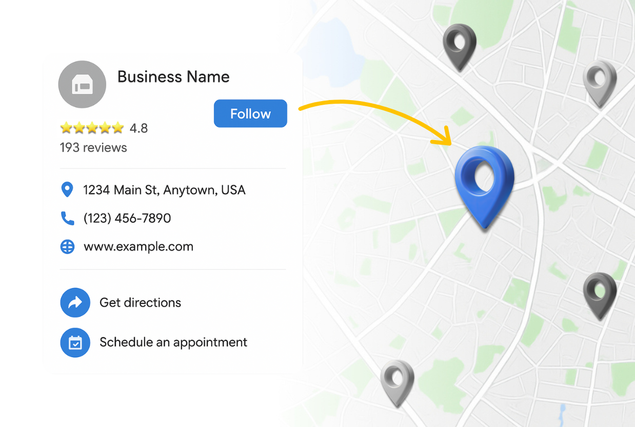 Illustration montrant une fiche Google Business Profile et un repère sur Google Maps, symbolisant comment remonter Google Maps grâce à l’offre Perfoséos pour améliorer la visibilité locale et attirer plus de clients.