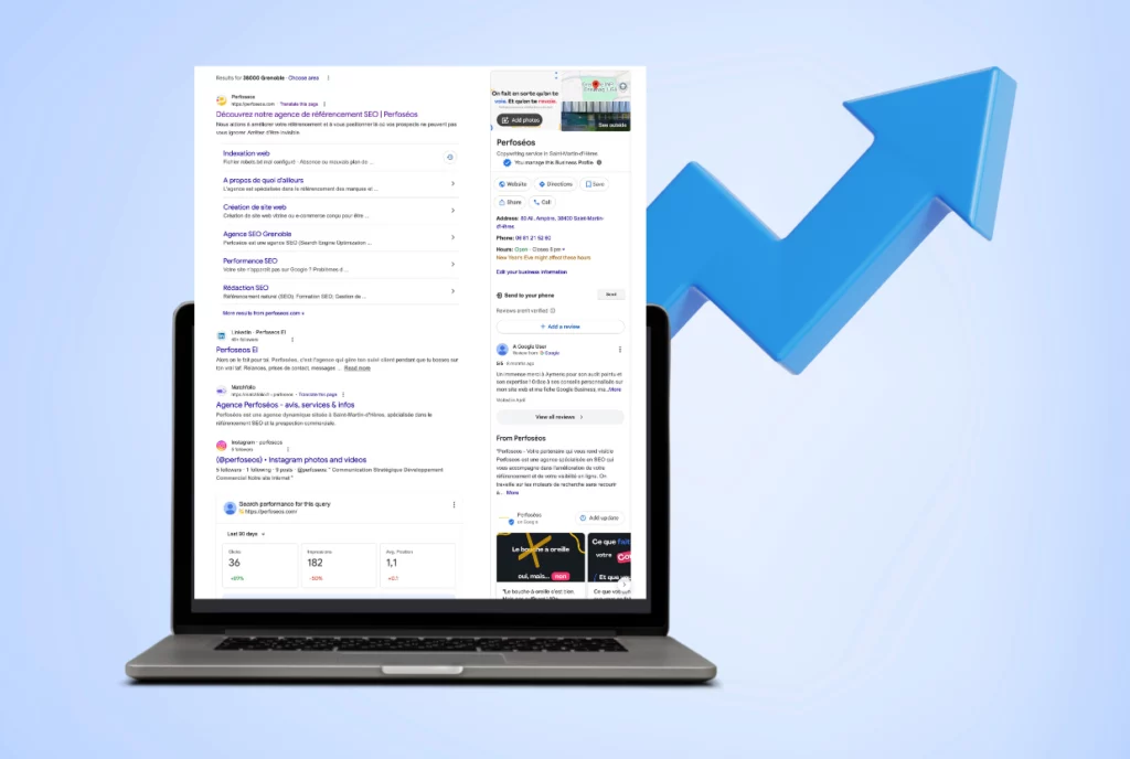 Ordinateur portable affichant des résultats de recherche Google et une fiche Google Business, avec une flèche bleue ascendante symbolisant l’action de remonter sur Google et d’améliorer sa visibilité en ligne.