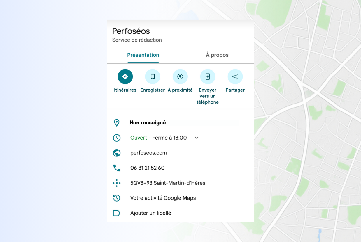 Exemple de fiche Google Business sans adresse pour une entreprise de services, sans localisation affichée sur la carte, avec informations de contact, site web et horaires visibles.