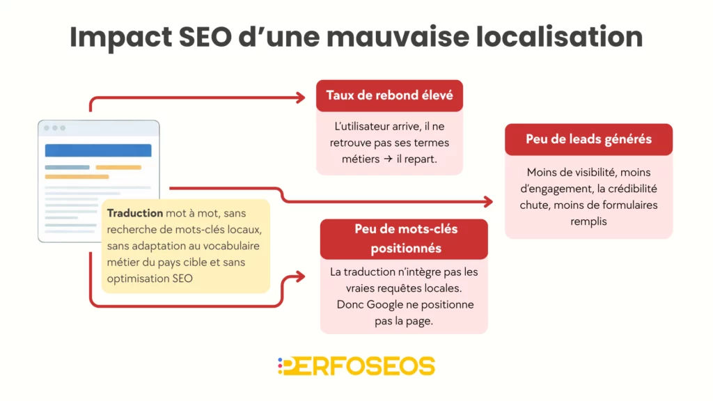 illustration expliquant l'impact SEO d'une mauvaise localisation lors d'une traduction site web