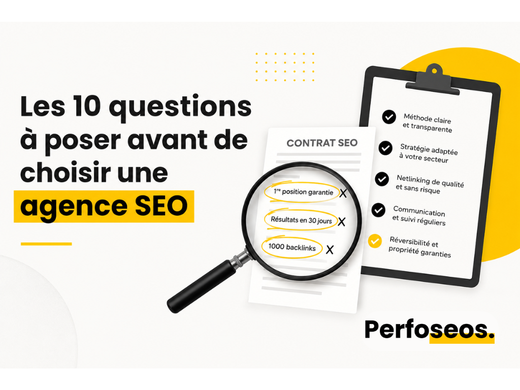 Images représentant les 10 questions principales à poser avant de signer avec une agence SEO et les points d'attention à avoir