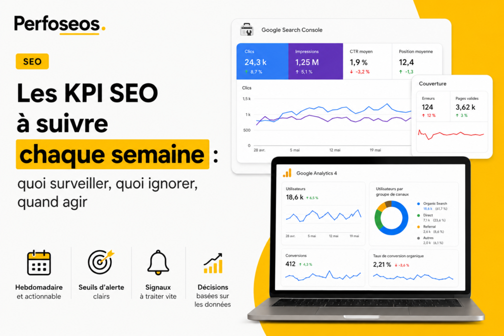 iconographie montrant les différents indicateurs SEO hebdomadaires à suivre pour permettre de donner plus de visibilité opérationnelle de la croissance SEO d'un site web